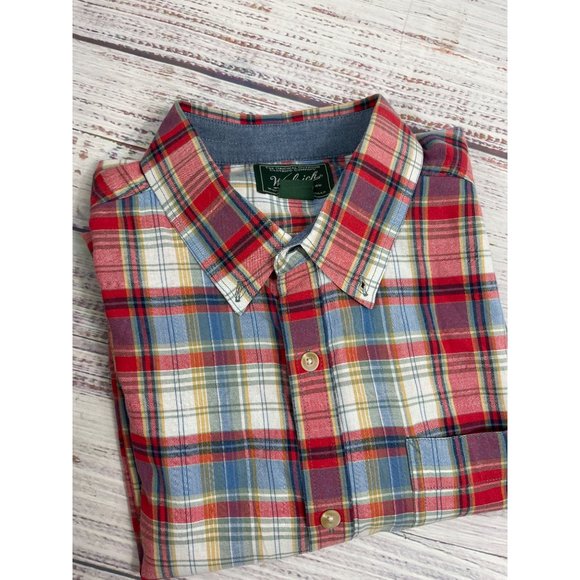 Mens WOOLRICH Red Blue Gold Plaid Short Sleeve Button Down Shirt sz XL - Picture 1 of 9
